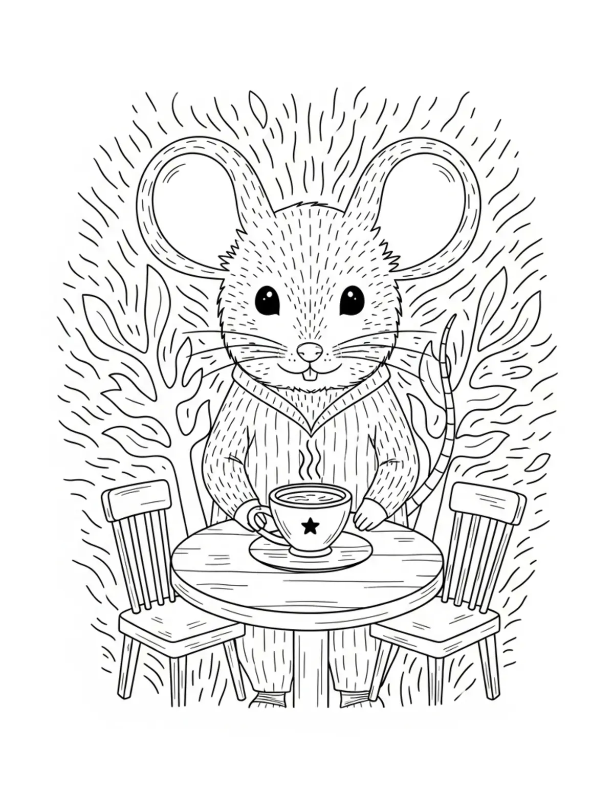 Free printable coloring page: mouse woodland cafe coloring page. Cute and cozy mouse tea party design for kids and adults to download and print.