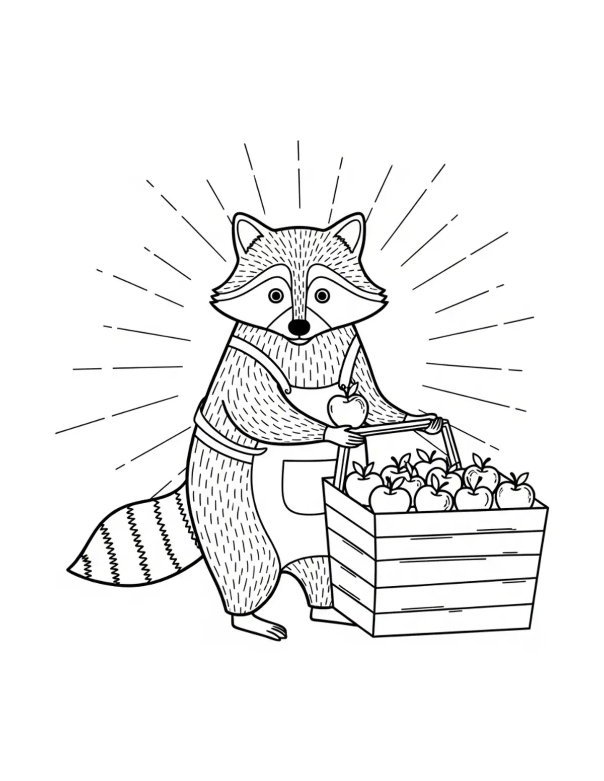 Raccoon Selling Apples coloring page - free printable JPG featuring adorable raccoons at a market