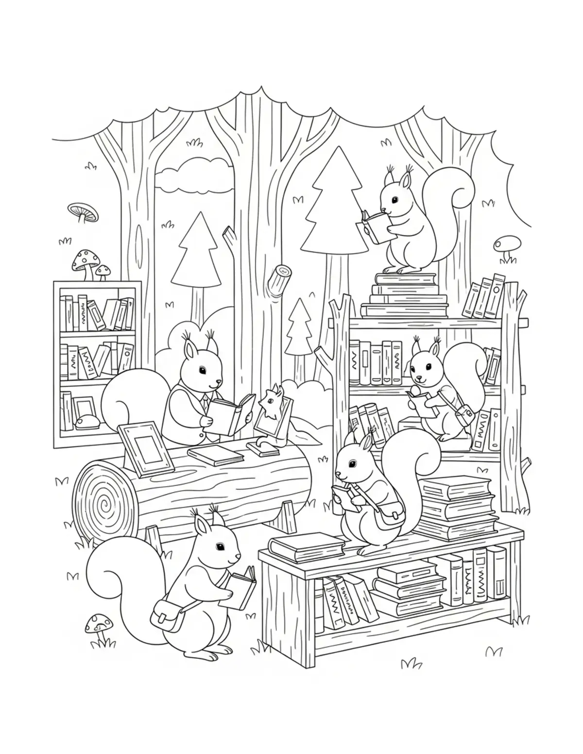 Squirrel Woodland Bookstore coloring page - free printable JPG featuring adorable squirrels in a woodland scene