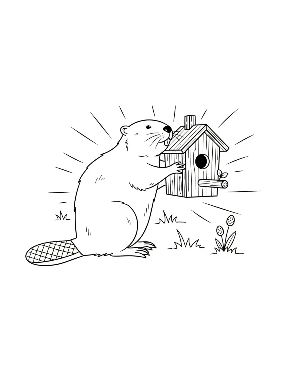 Beaver Building a Wooden Birdhouse Coloring Page - free printable JPG featuring adorable woodland beaver