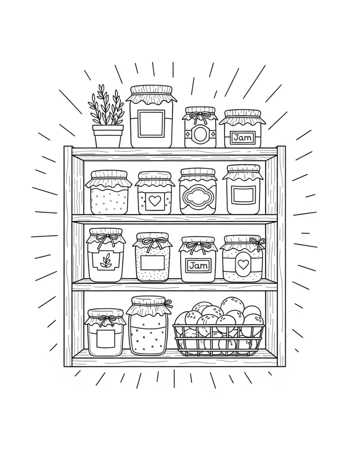 Free printable coloring page: cozy homemade jam storage room coloring page. Cute and cozy design for kids and adults to download and print.