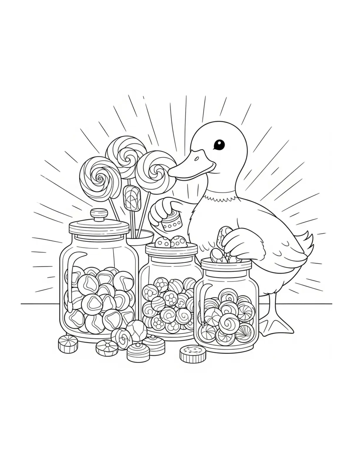 Cute Duck Choosing Sweet Treat Coloring Page - free printable JPG featuring adorable tiny animal village scene