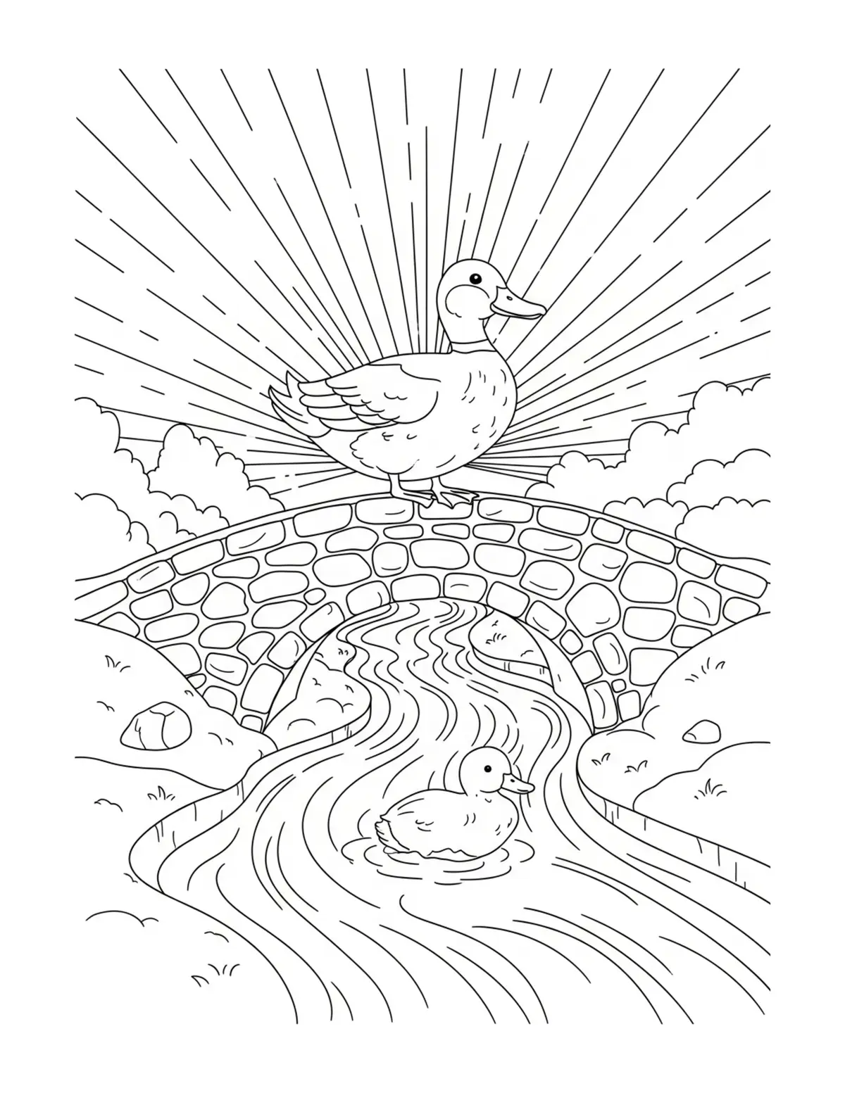 Cute Duck Crossing A Stone Bri Coloring Page - free printable JPG featuring adorable tiny animal village scene