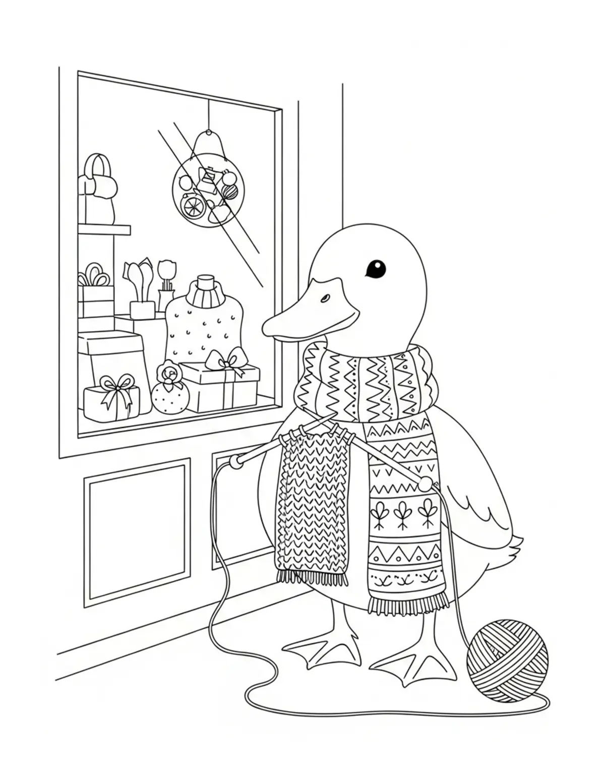 Cute Duck Knitting A Cozy Scar Coloring Page - free printable JPG featuring adorable tiny animal village scene
