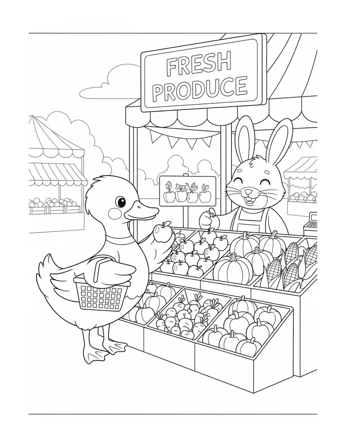 Cute Duck Shopping For Fresh P Coloring Page - free printable JPG featuring adorable tiny animal village scene