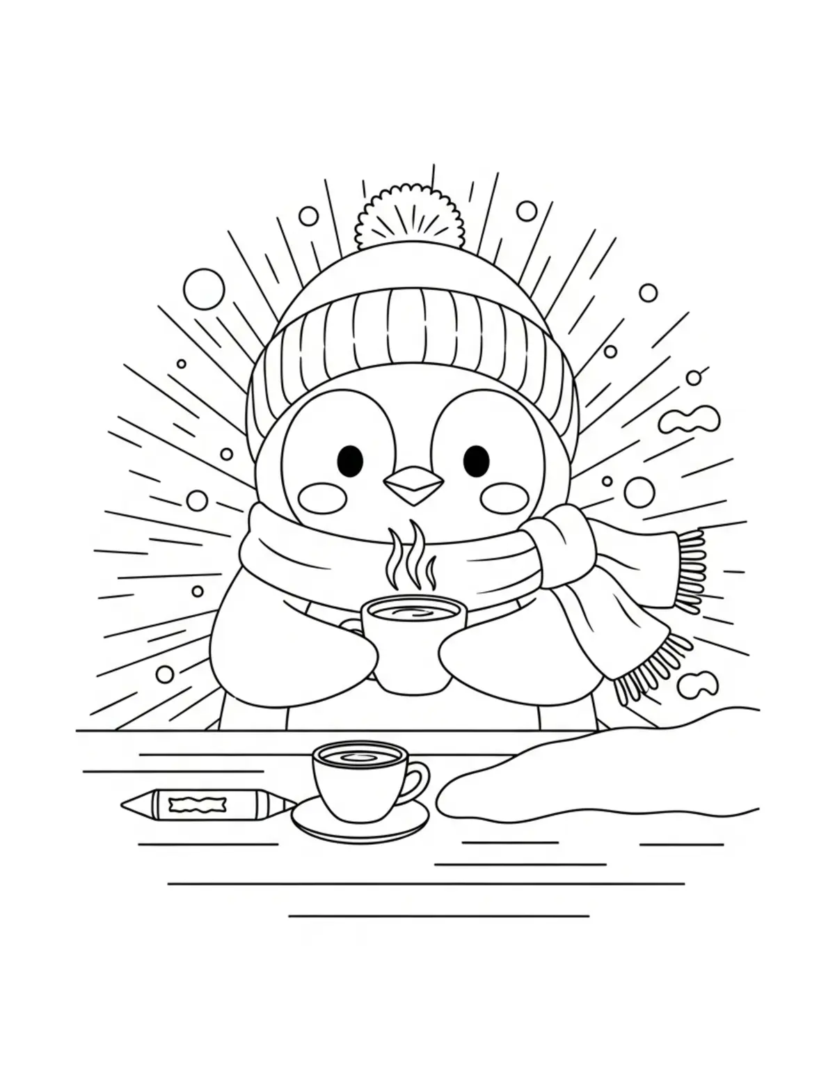 Cute Penguin Snow Cafe Colorin — free printable cute animals coloring page for kids and adults
