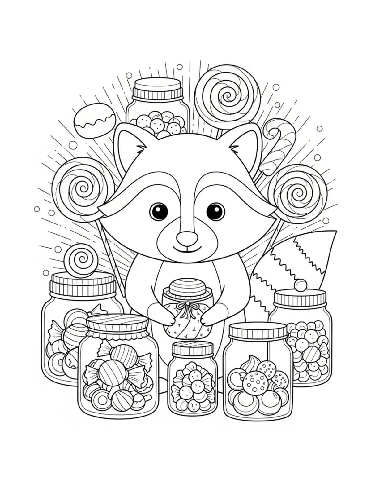 Cute Raccoon Candy Shop Colori — free printable cozy coloring coloring page for kids and adults