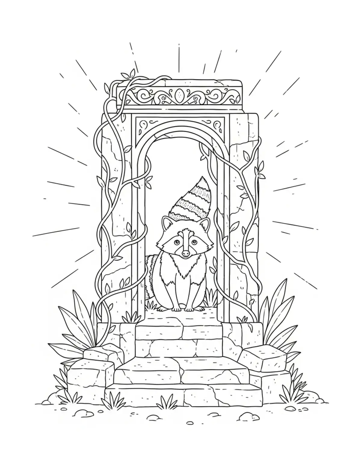 Free printable coloring page: cute raccoon discovering ancie coloring page. Cute and cozy tiny animal design for kids and adults to download and print.