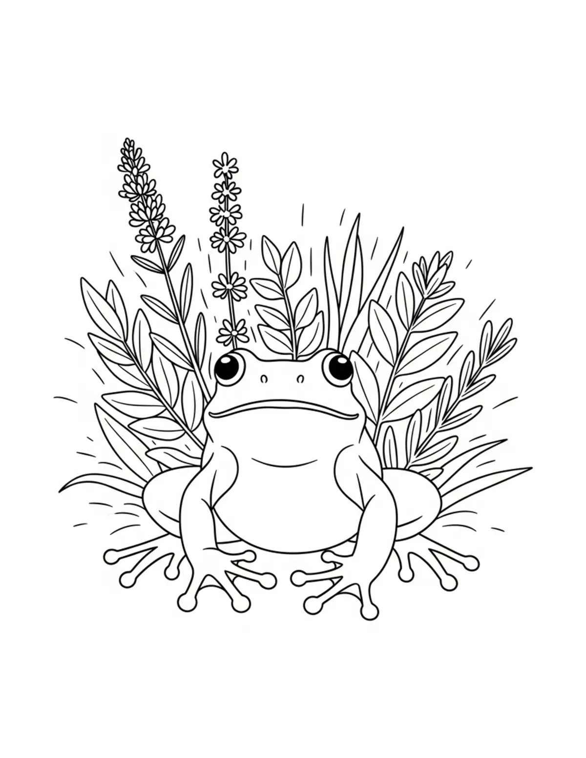 Free printable coloring page: frog herb garden coloring page. Cute and cozy design for kids and adults to download and print.