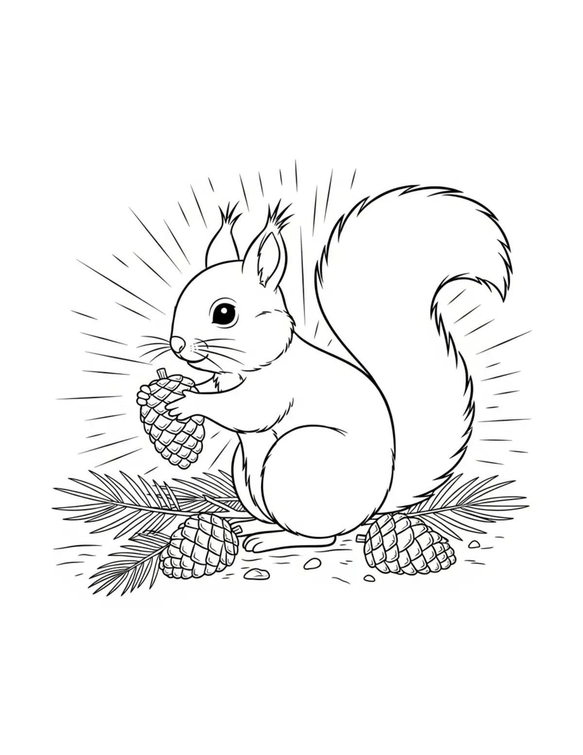 Little Squirrel Harvesting Pine Cones coloring page - free printable JPG featuring adorable woodland animals