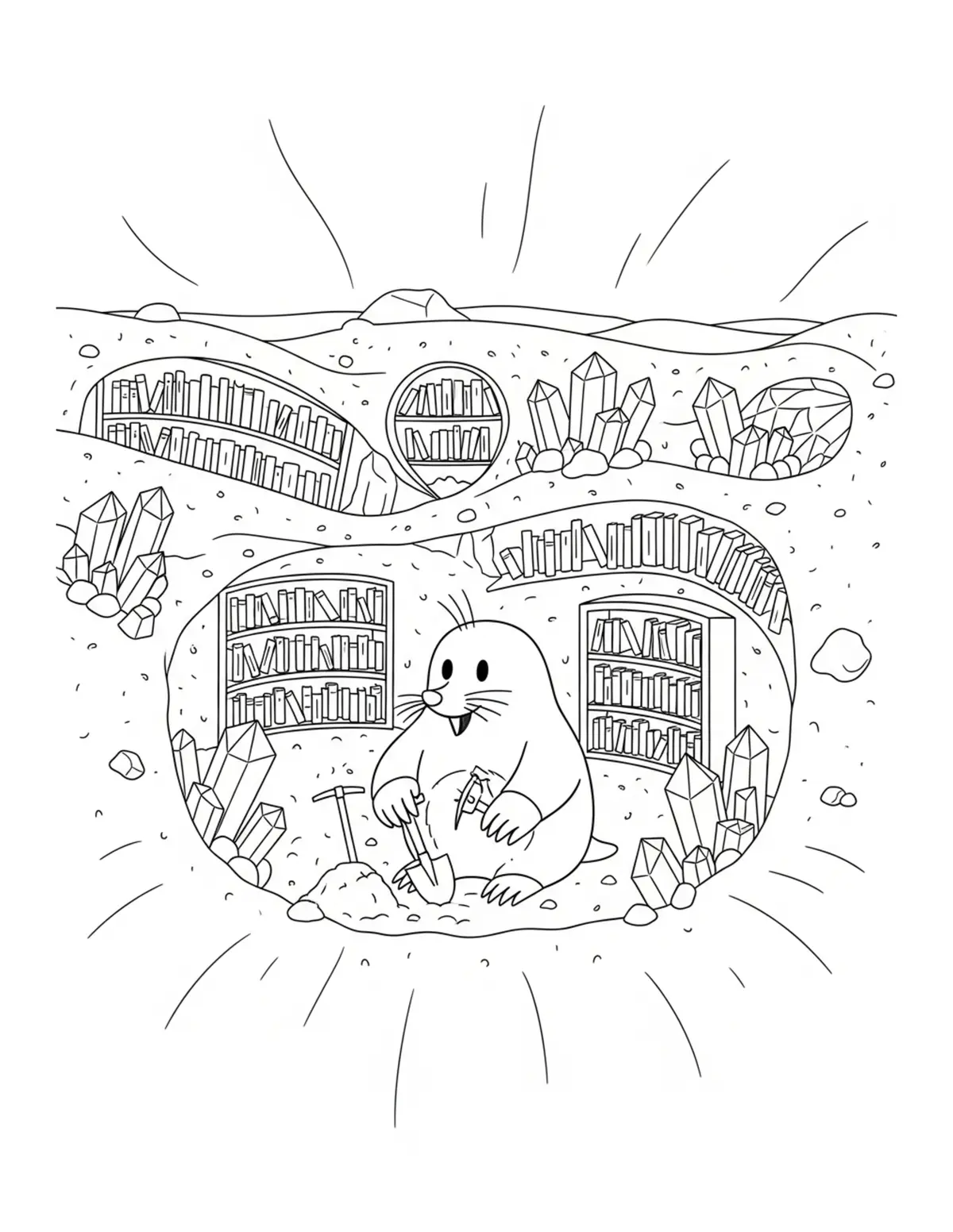 Mole Building a Crystal Tunnel Coloring Page - free printable JPG featuring adorable woodland animals