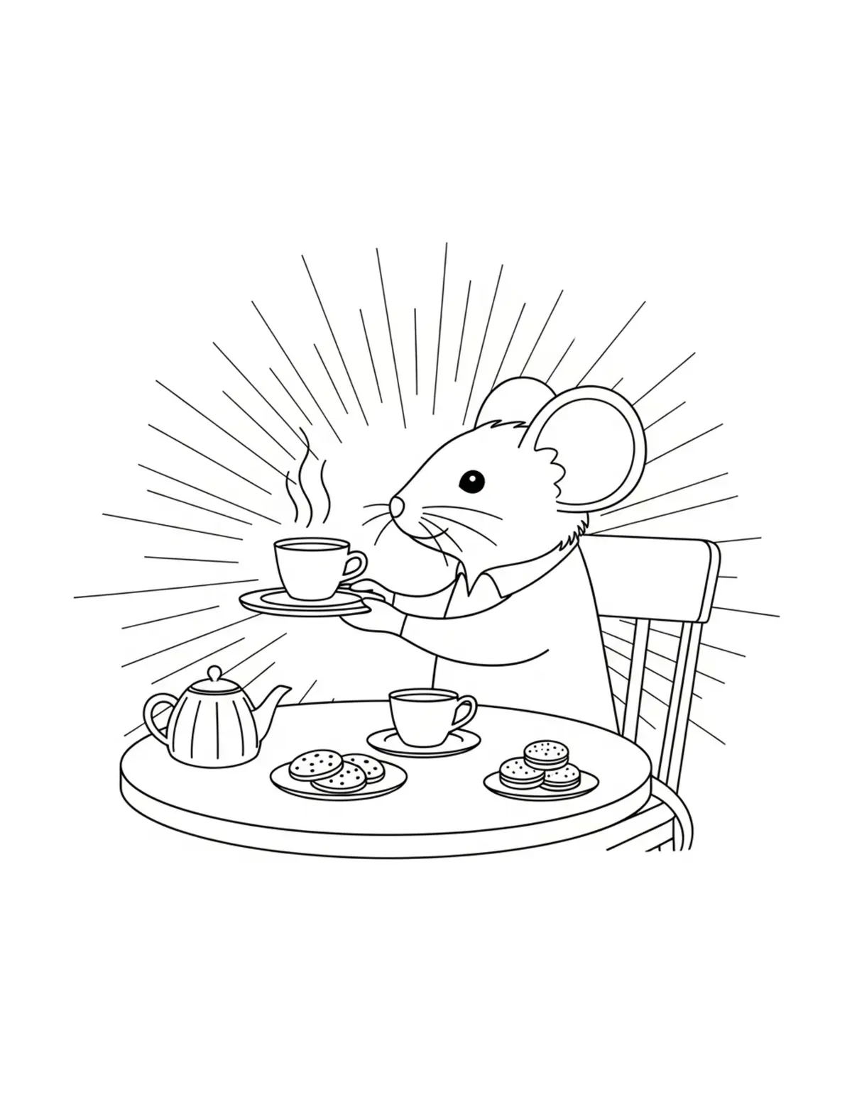 Mouse Serving Tea And Cookies Coloring Page - free printable JPG featuring adorable mouse bakery scenes