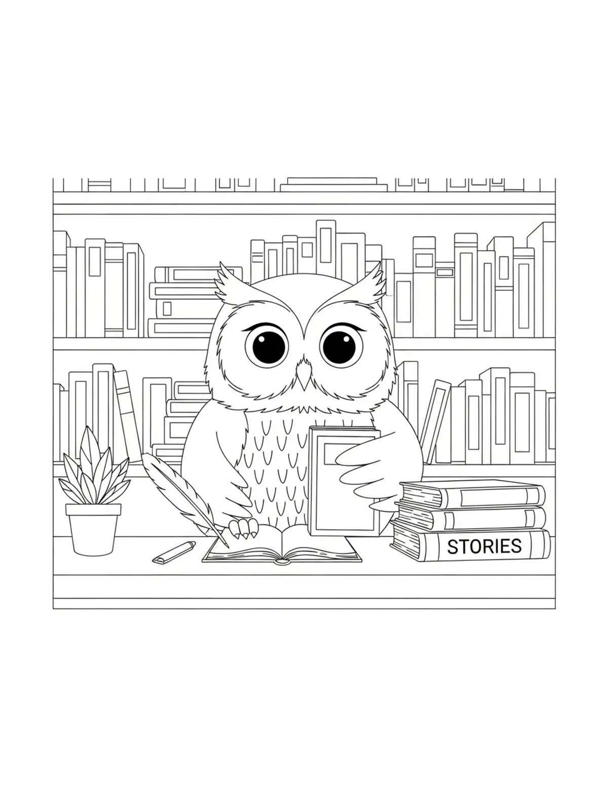 Owl Running A Charming Booksto Coloring Page - free printable JPG featuring adorable owl reading scenes