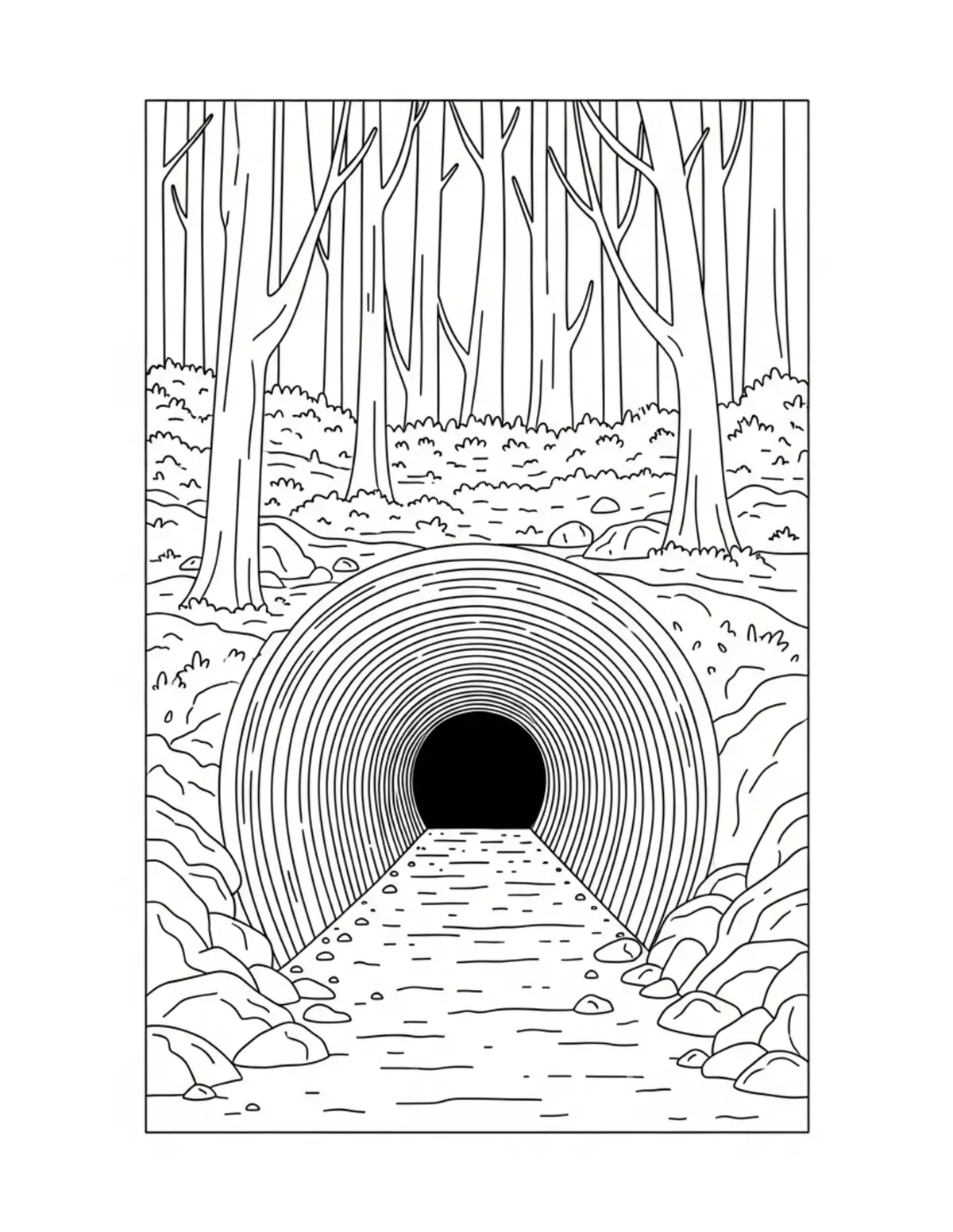 Free printable coloring page: secret-forest-tunnel-entrance coloring page. Cute and cozy design for kids and adults to download and print.