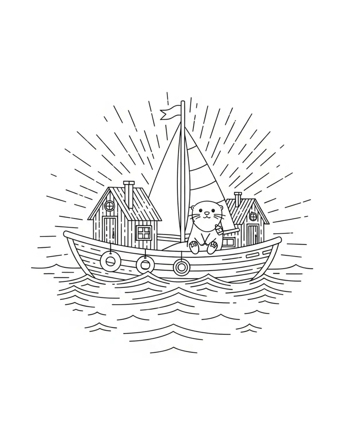 Free printable coloring page: tiny-otter-sailing-a-cozy-hous coloring page. Cute and cozy design for kids and adults to download and print.