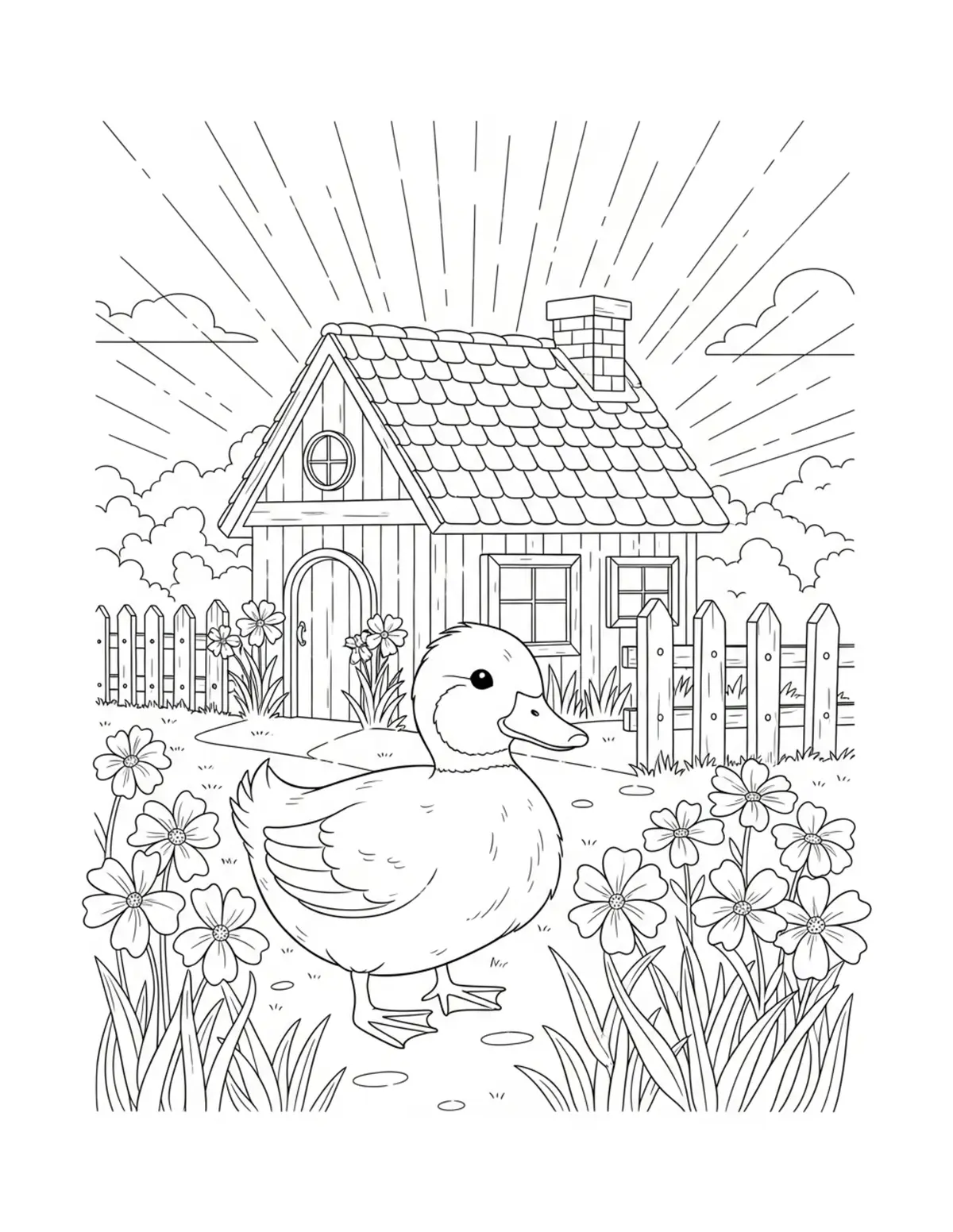 Free printable coloring page: tiny duck countryside cottage coloring page. Cute design for kids and adults.