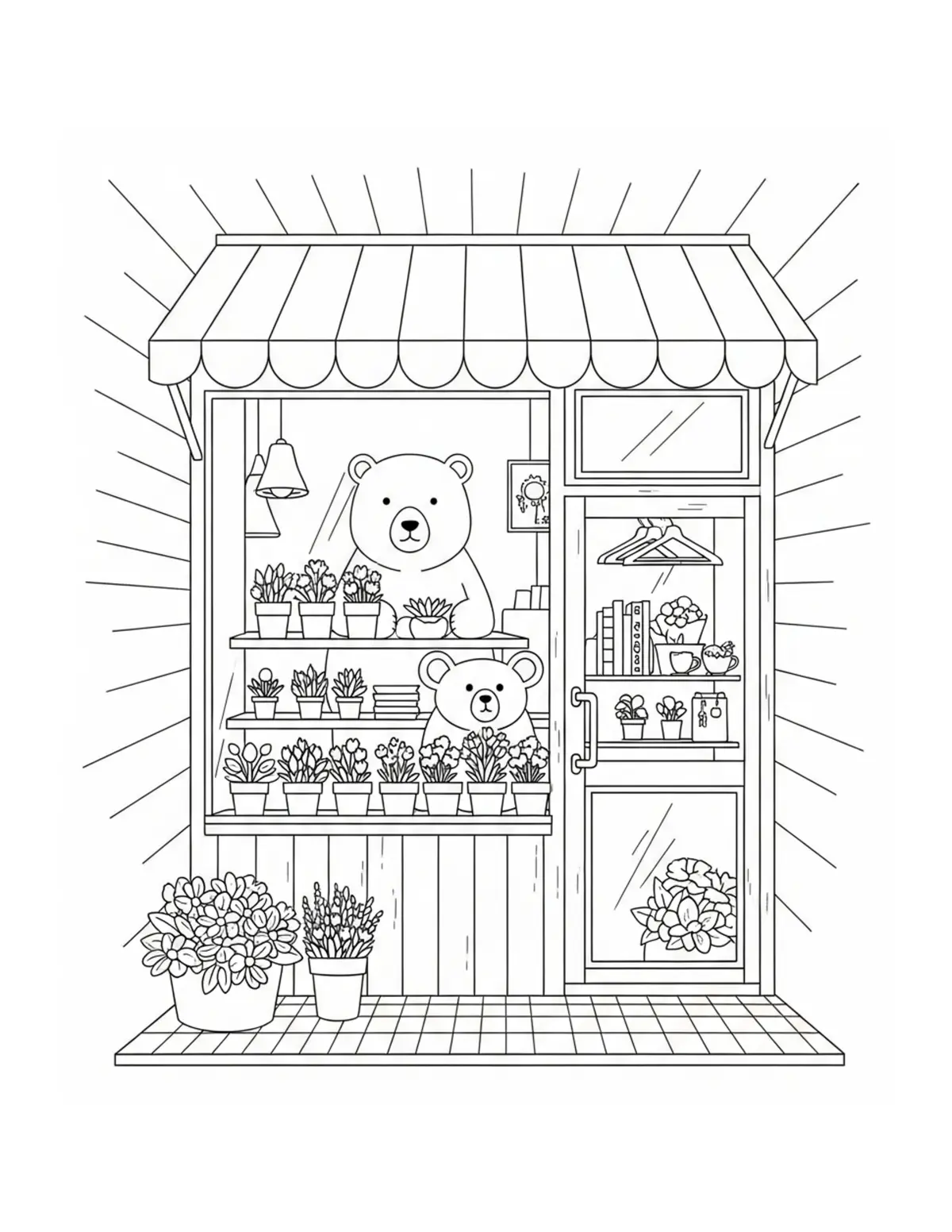 Free printable coloring page: bear-flower-shop-with-10-hidde coloring page. Cute and cozy design for kids and adults to download and print.