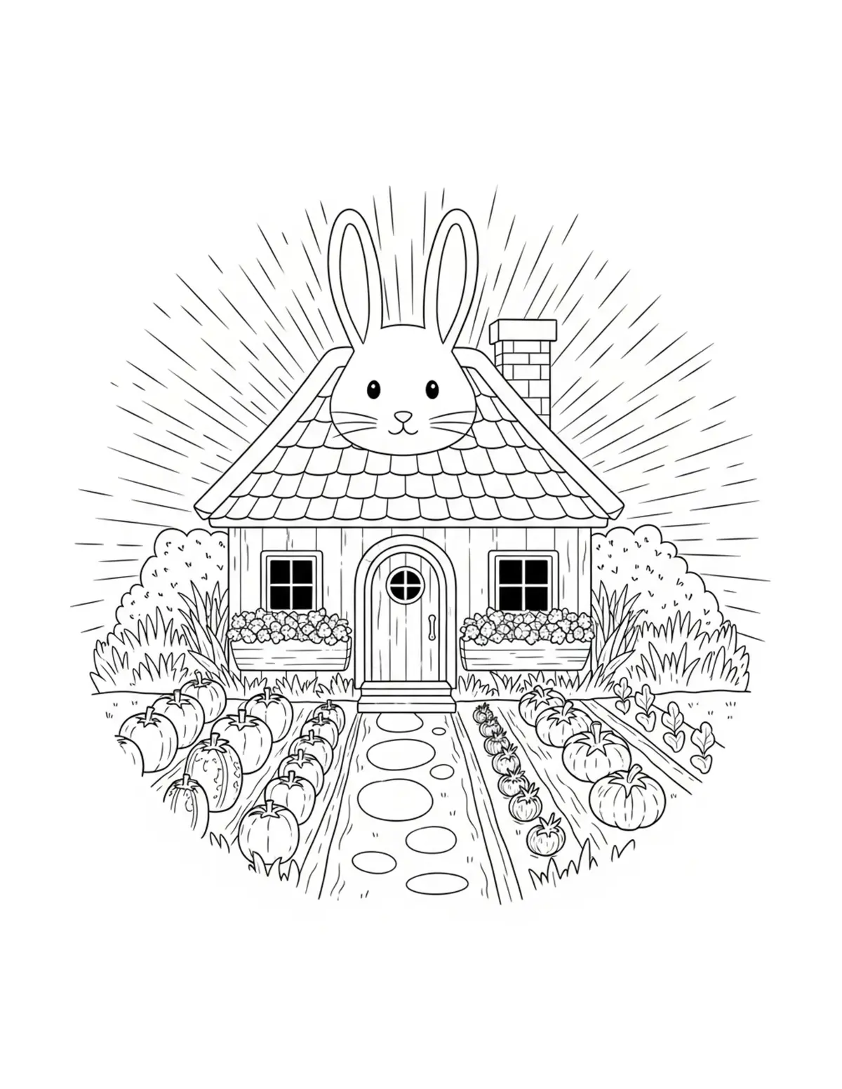 Free printable coloring page: bunny cottage with vegetable g coloring page. Cute and cozy design for kids and adults to download and print.