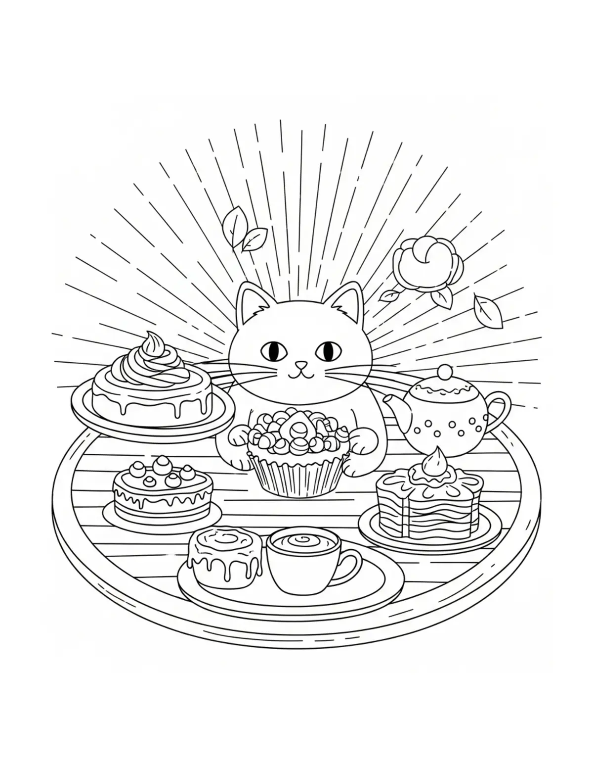 Cat Tea Room With Pastries — free printable cozy coloring coloring page for kids and adults