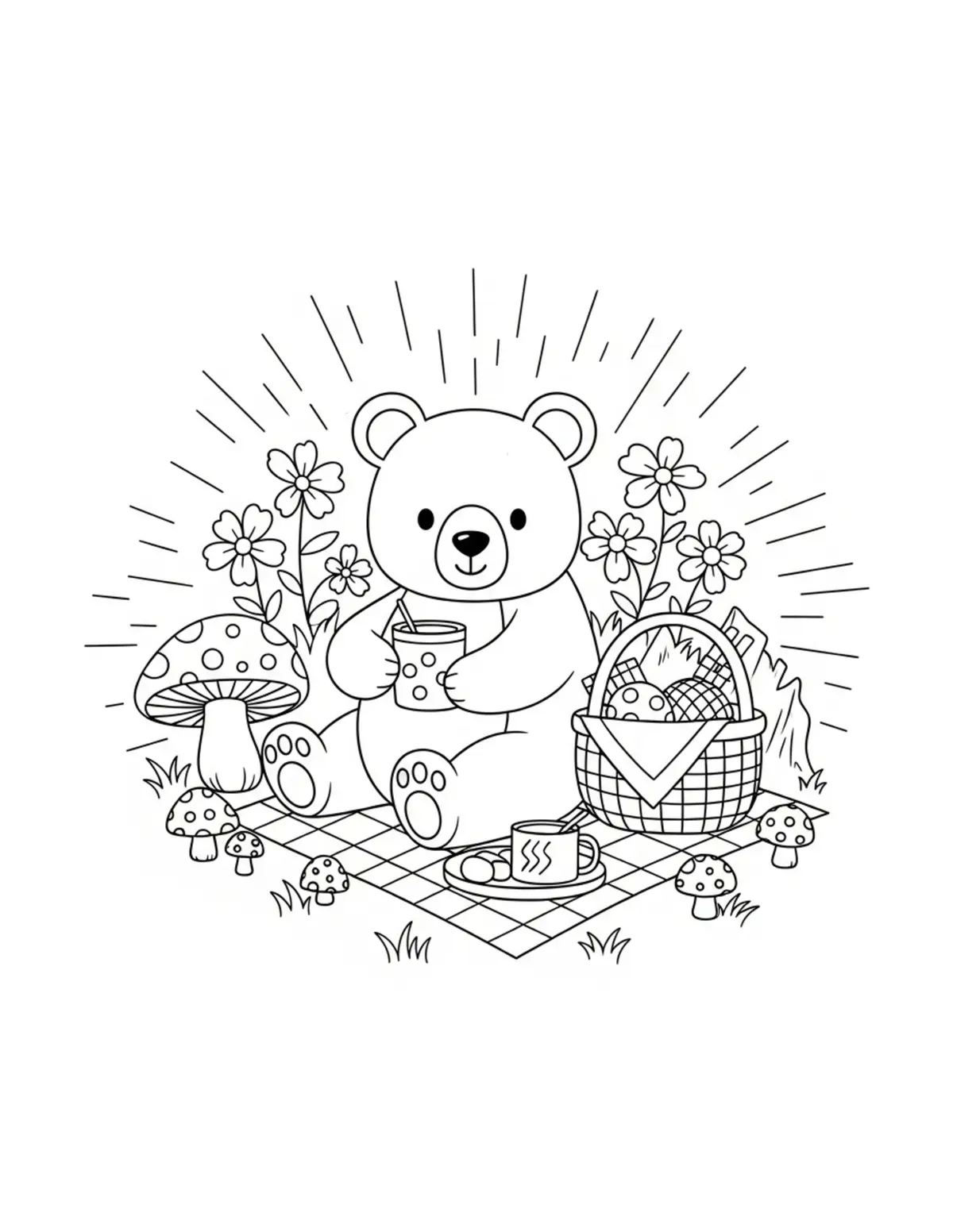 Free printable coloring page: cute bear enjoying forest picn coloring page. Cute and cozy animal design for kids and adults to download and print.