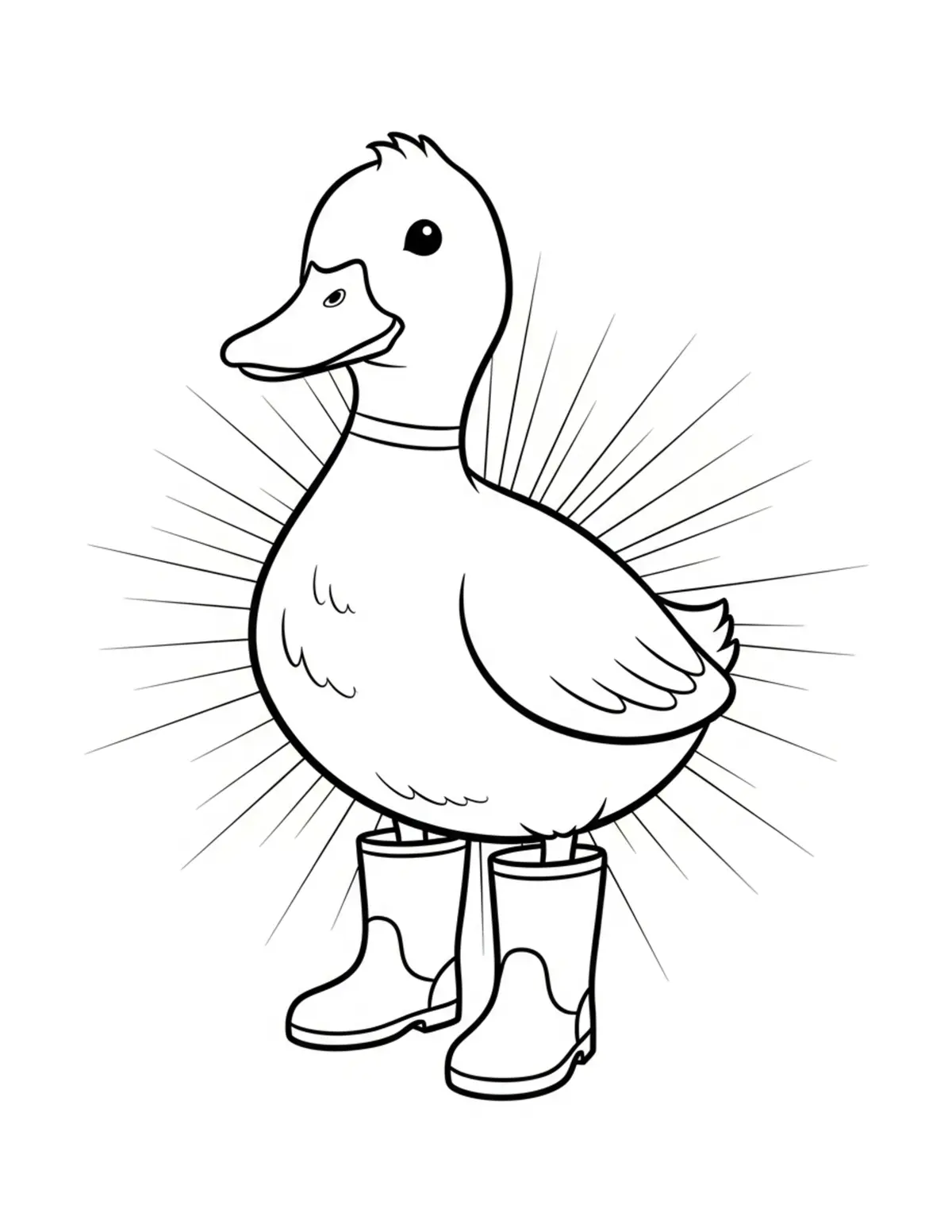 Free printable coloring page: duck wearing rain boots coloring page. Cute and cozy design for kids and adults to download and print.