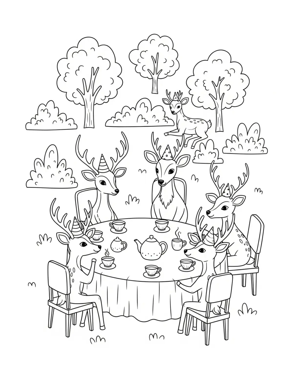Free printable coloring page: deer tea party scene coloring page. Cute and cozy deer cottage design for kids and adults to download and print.
