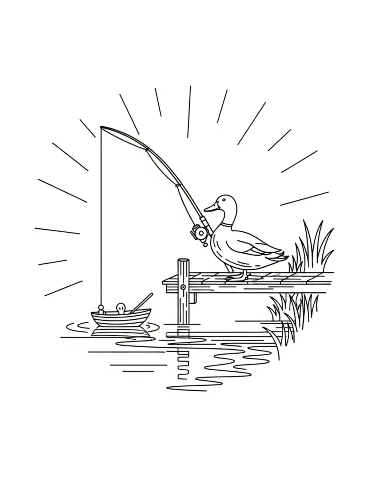 Duck Fishing From Small Dock Coloring Page - free printable JPG featuring adorable duck scenes
