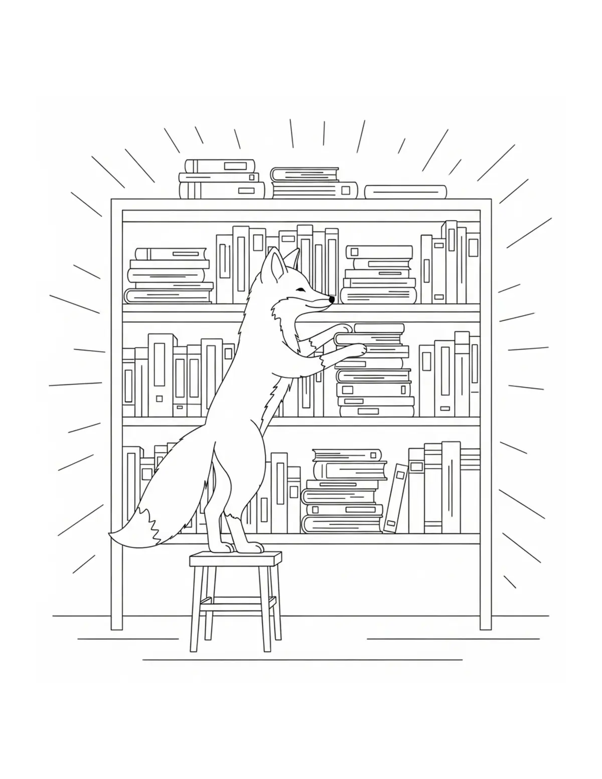 Free printable coloring page: fox organizing library shelves coloring page. Cute and cozy bookstore and reading design for kids and adults to download and print.