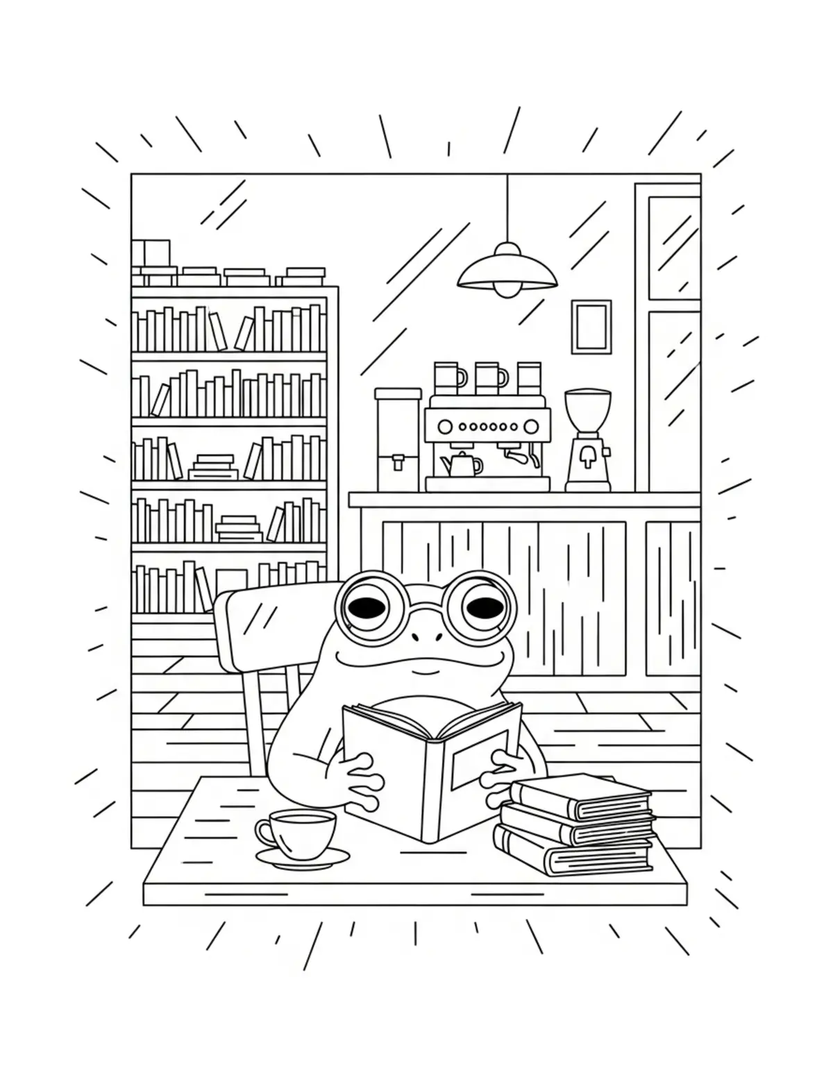 Free printable coloring page: frog bookstore cafe coloring page. Cute and cozy design for kids and adults to download and print.