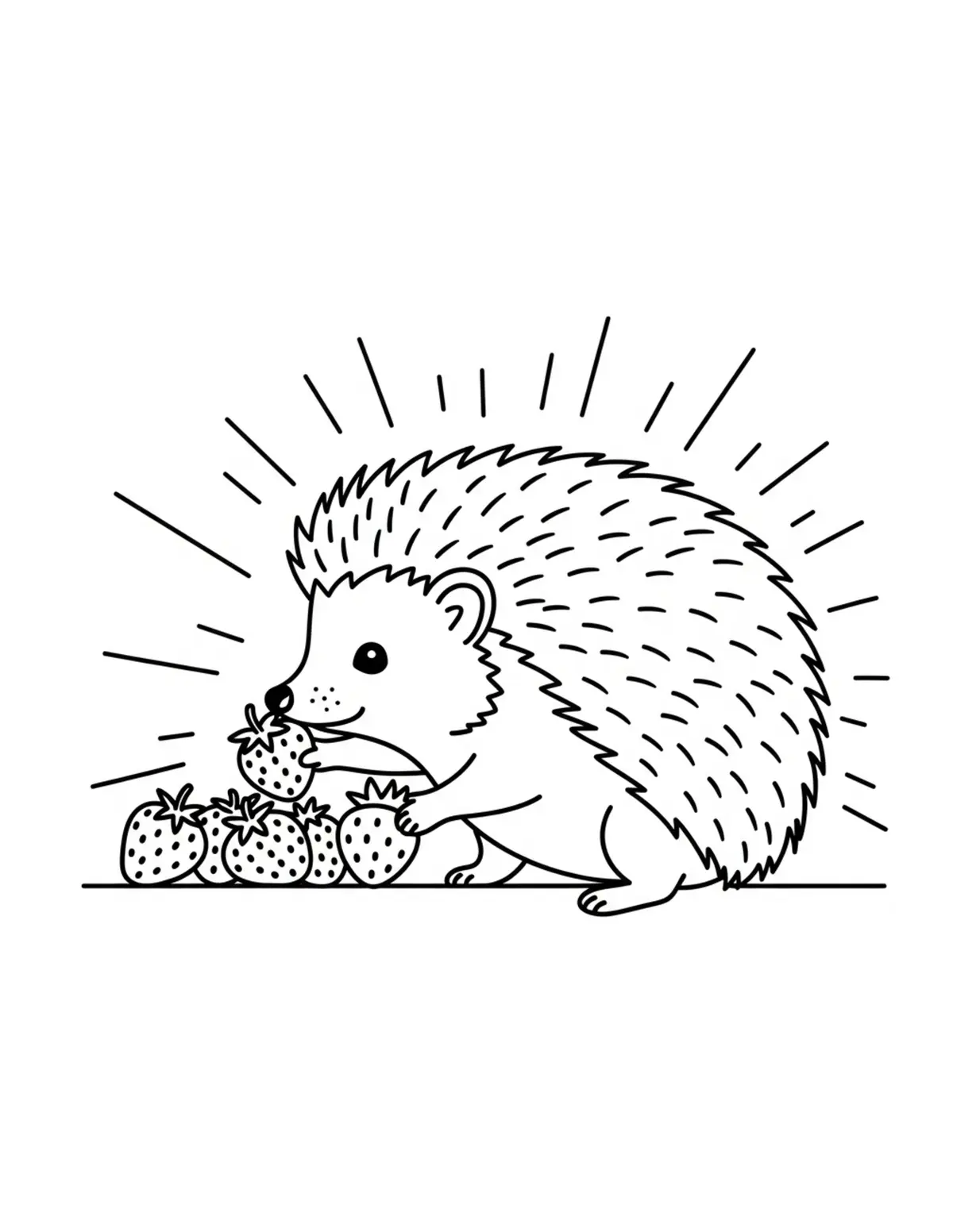 Free printable coloring page: hedgehog picking strawberries coloring page. Cute and cozy hedgehog garden design for kids and adults to download and print.