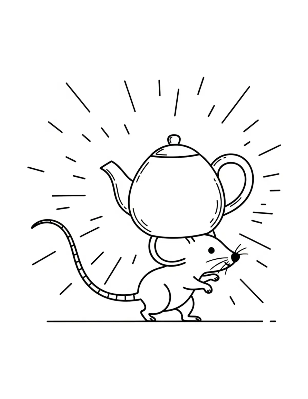 Free printable coloring page: mouse carrying teapot coloring page. Cute and cozy mouse tea party design for kids and adults to download and print.