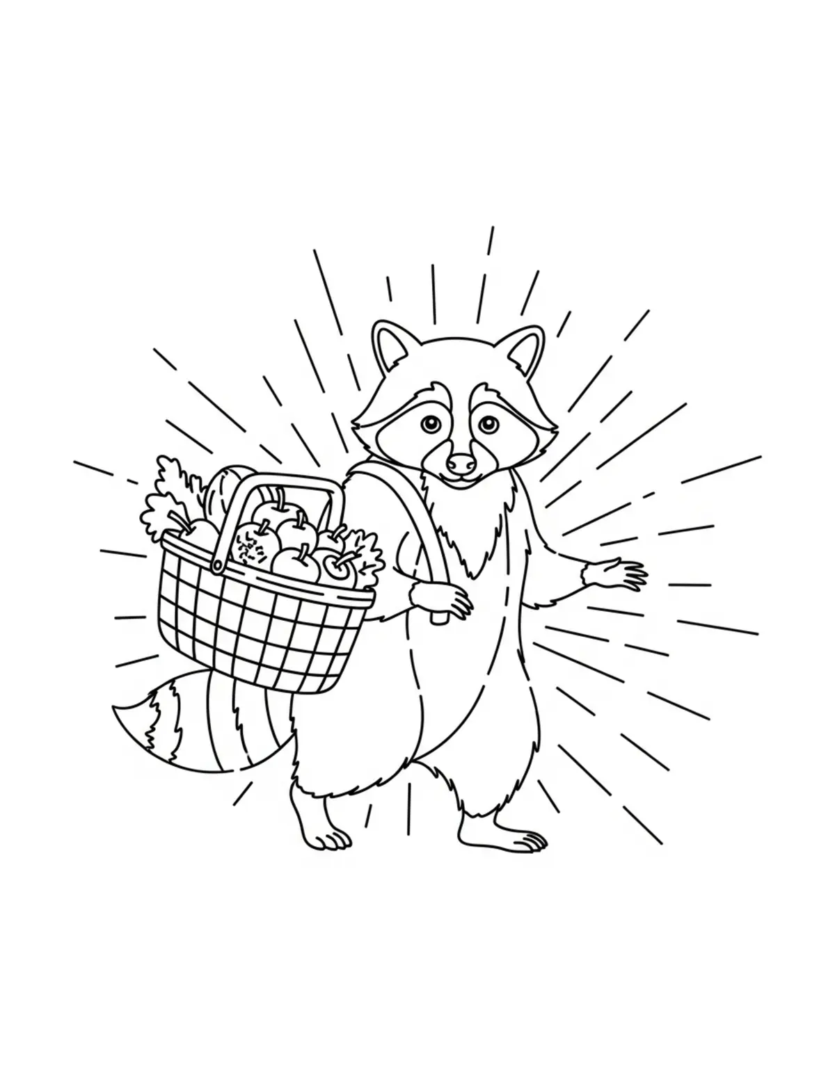 Raccoon Carrying Produce Basket coloring page - free printable JPG featuring adorable raccoons at a market