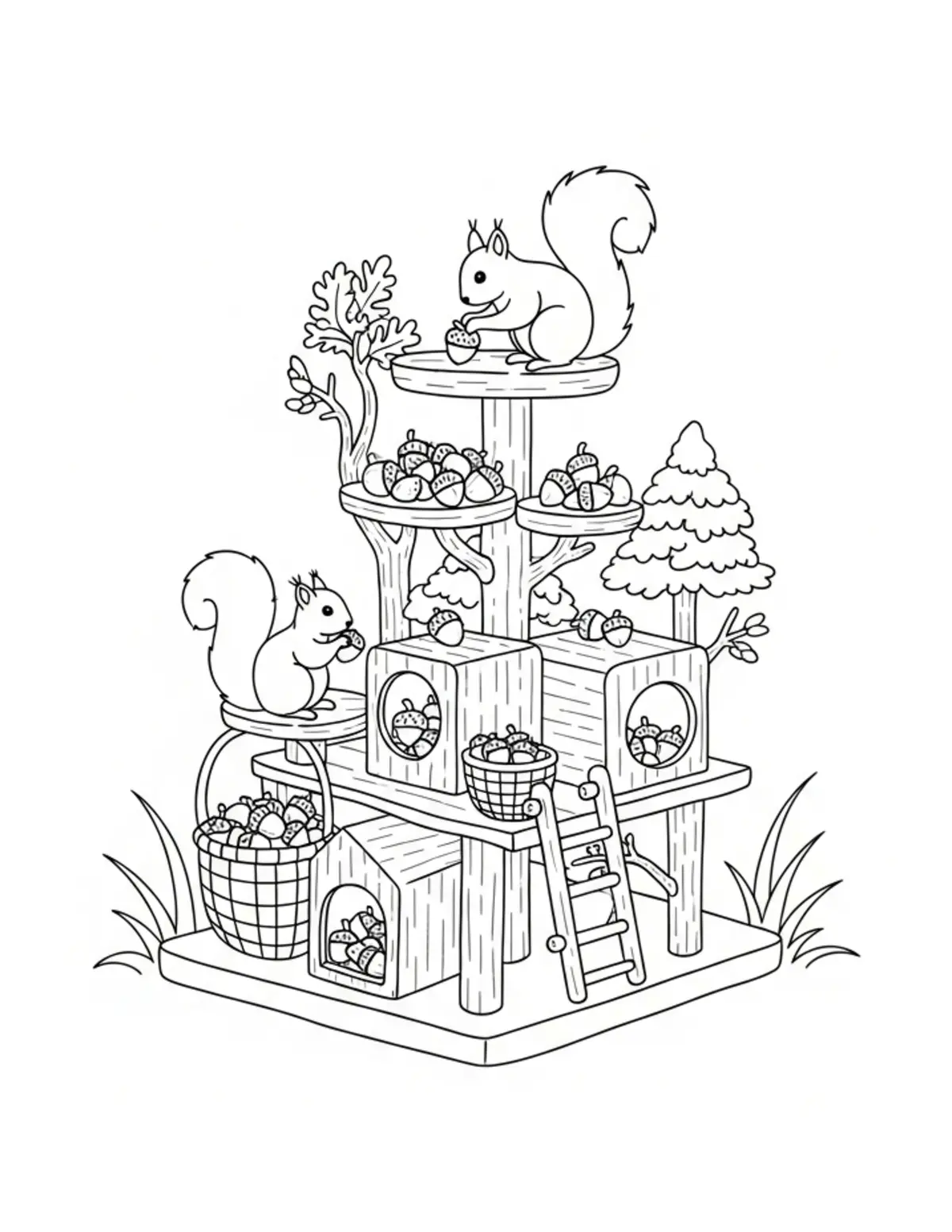 Squirrel Acorn Collection Stand coloring page - free printable JPG featuring adorable squirrels in a woodland scene