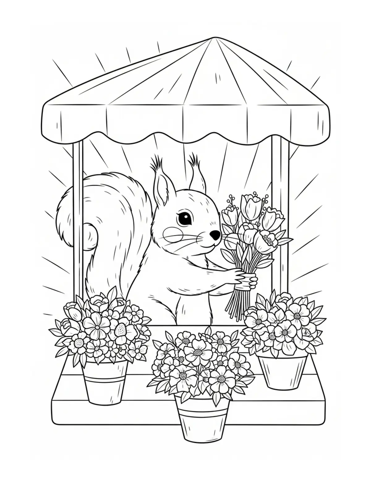 Adorable Squirrel Arranging Fl Coloring Page - free printable JPG featuring adorable tiny animal village scene