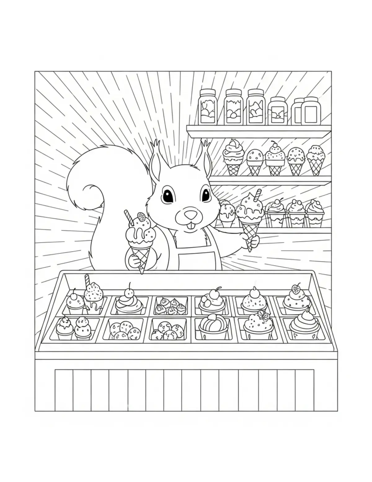 Adorable Squirrel Arranging Ic Coloring Page - free printable JPG featuring adorable tiny animal village scene