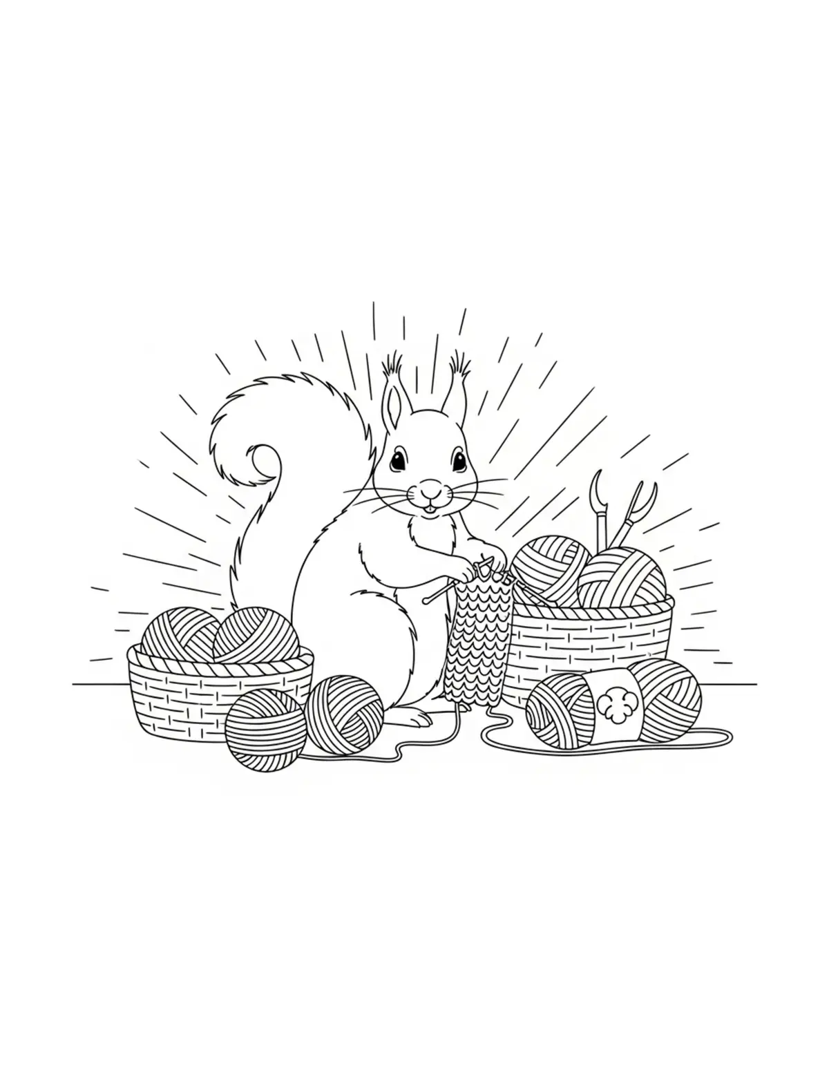 Adorable Squirrel Arranging Ya Coloring Page - free printable JPG featuring adorable tiny animal village scene