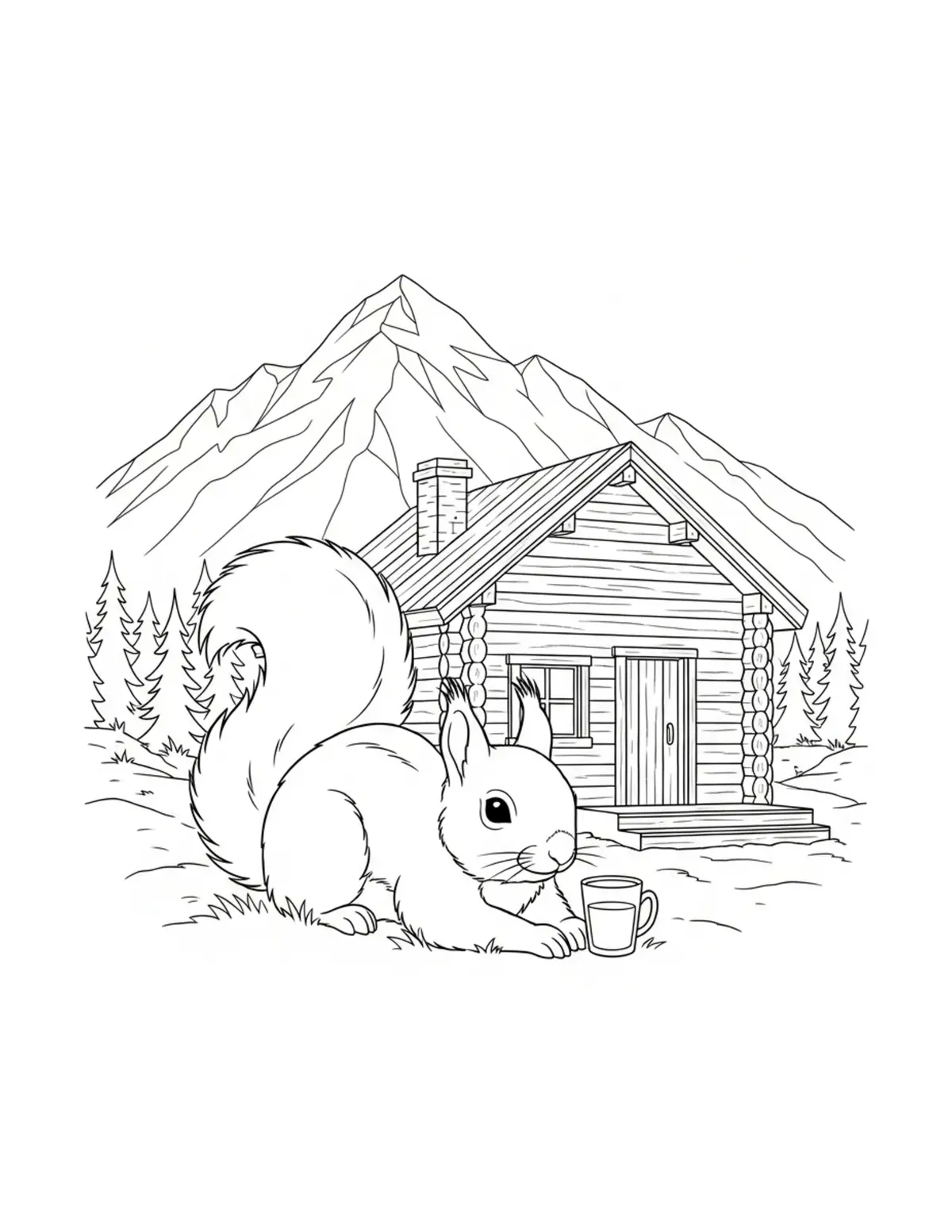 Adorable Squirrel Relaxing Bes Coloring Page - free printable JPG featuring adorable tiny animal village scene
