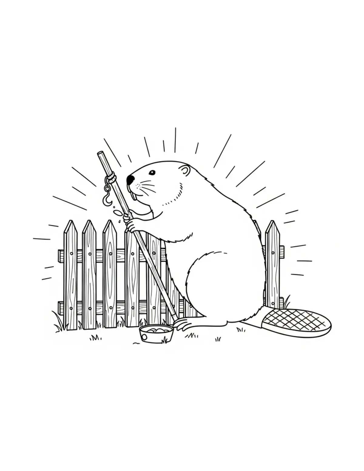 Beaver Repairing a Cottage Fence Coloring Page - free printable JPG featuring adorable woodland beaver