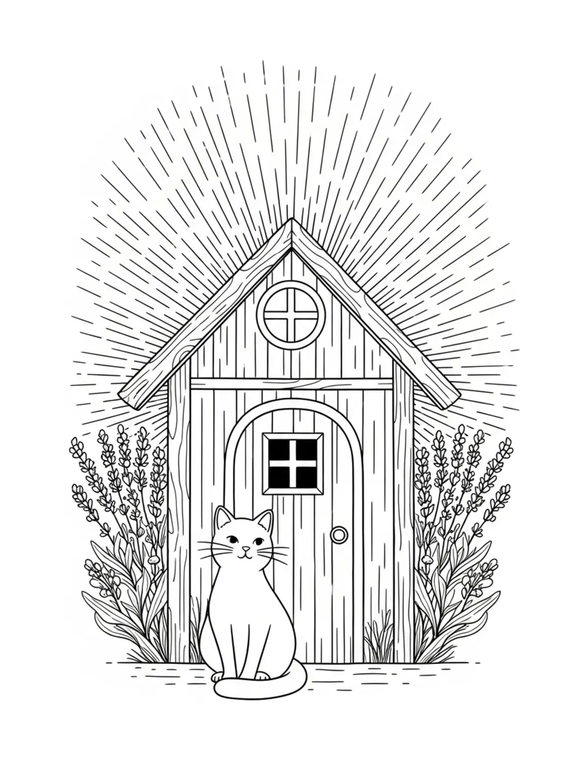 Free printable coloring page: cat lavender cottage coloring page. Cute and cozy design for kids and adults to download and print.