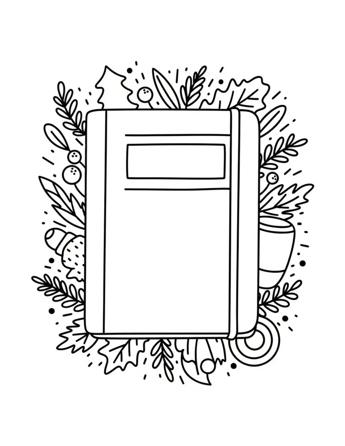 Free printable coloring page: cozy seasonal journal corner coloring page. Cute and cozy design for kids and adults to download and print.