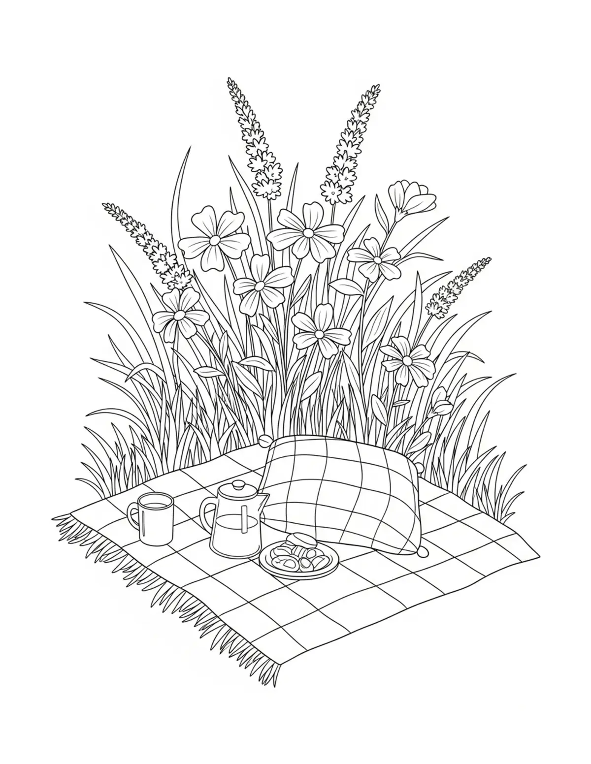 Free printable coloring page: cozy wildflower picnic spot coloring page. Cute and cozy summer design for kids and adults to download and print.