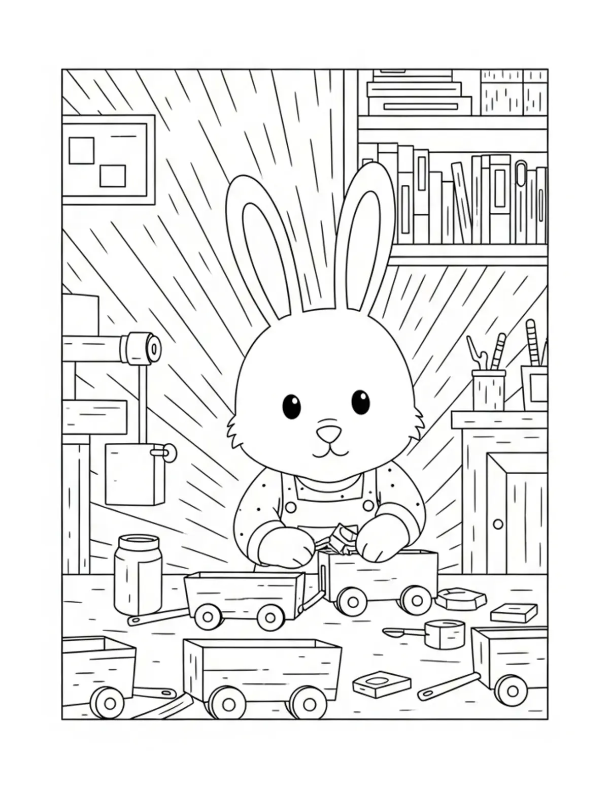 Cute Bunny Assembling Toy Wagons coloring page - free printable JPG featuring adorable woodland animals