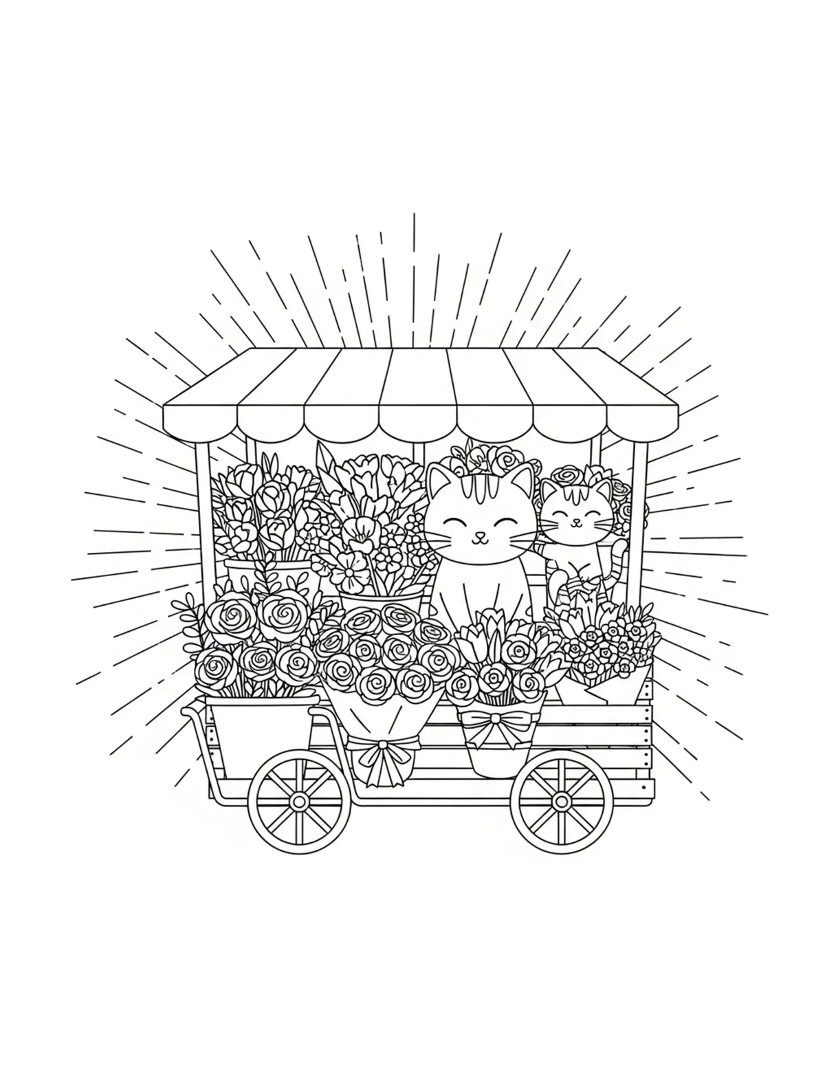 Free printable coloring page: cute cat flower market bouque coloring page. Cute design for kids and adults.
