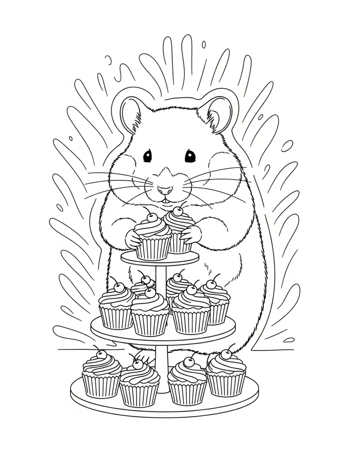 Hamster Arranging Cupcakes On  Coloring Page - free printable JPG featuring adorable hamster baking