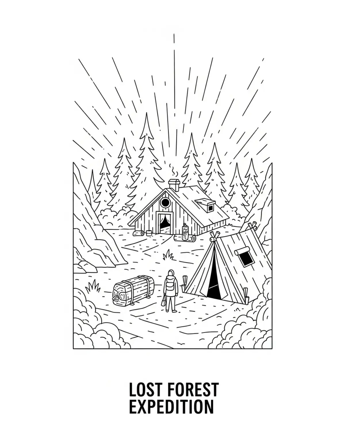 Free printable coloring page: lost-forest-expedition-camp coloring page. Cute and cozy design for kids and adults to download and print.