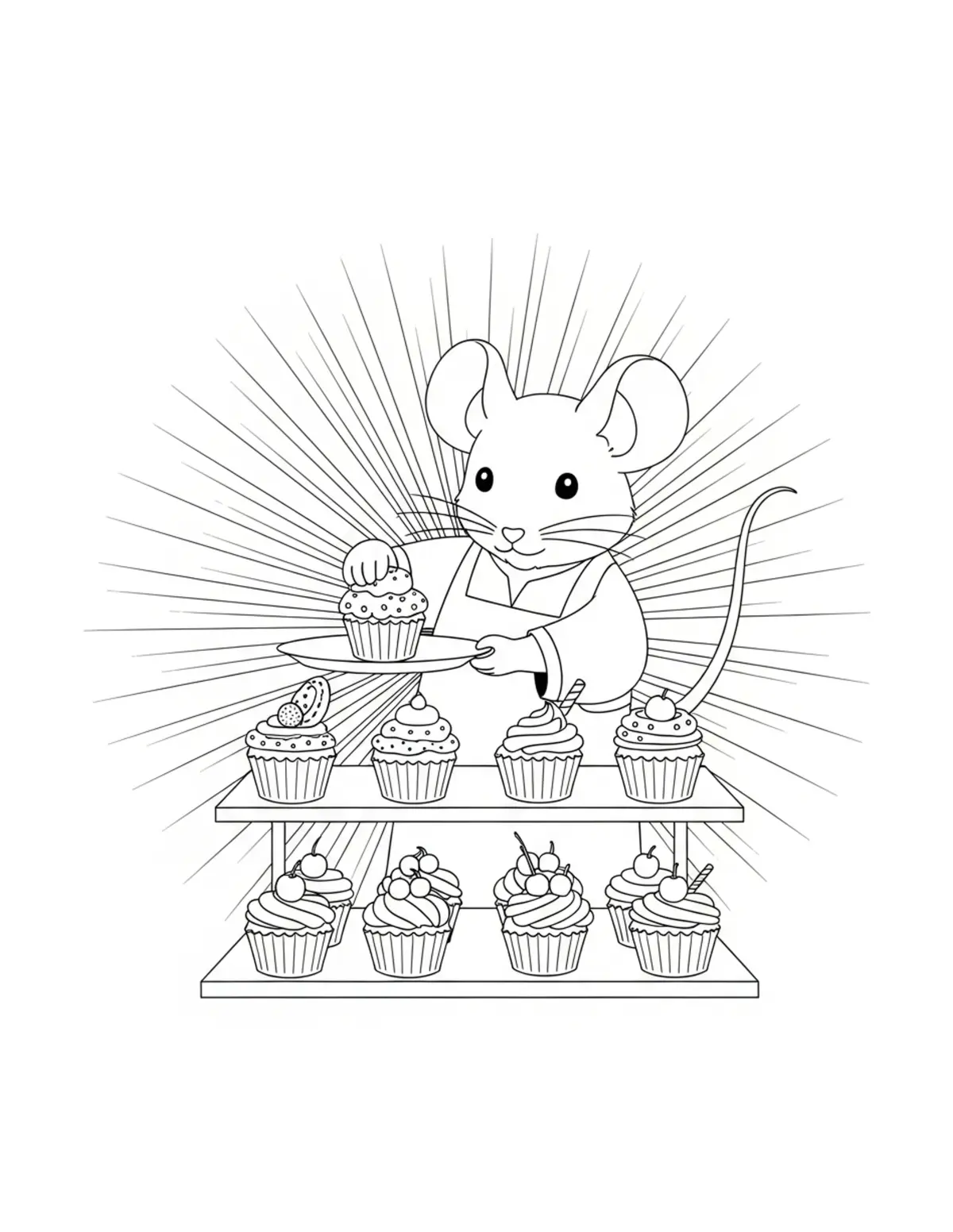 Mouse Arranging Cupcakes In A Coloring Page - free printable JPG featuring adorable mouse bakery scenes
