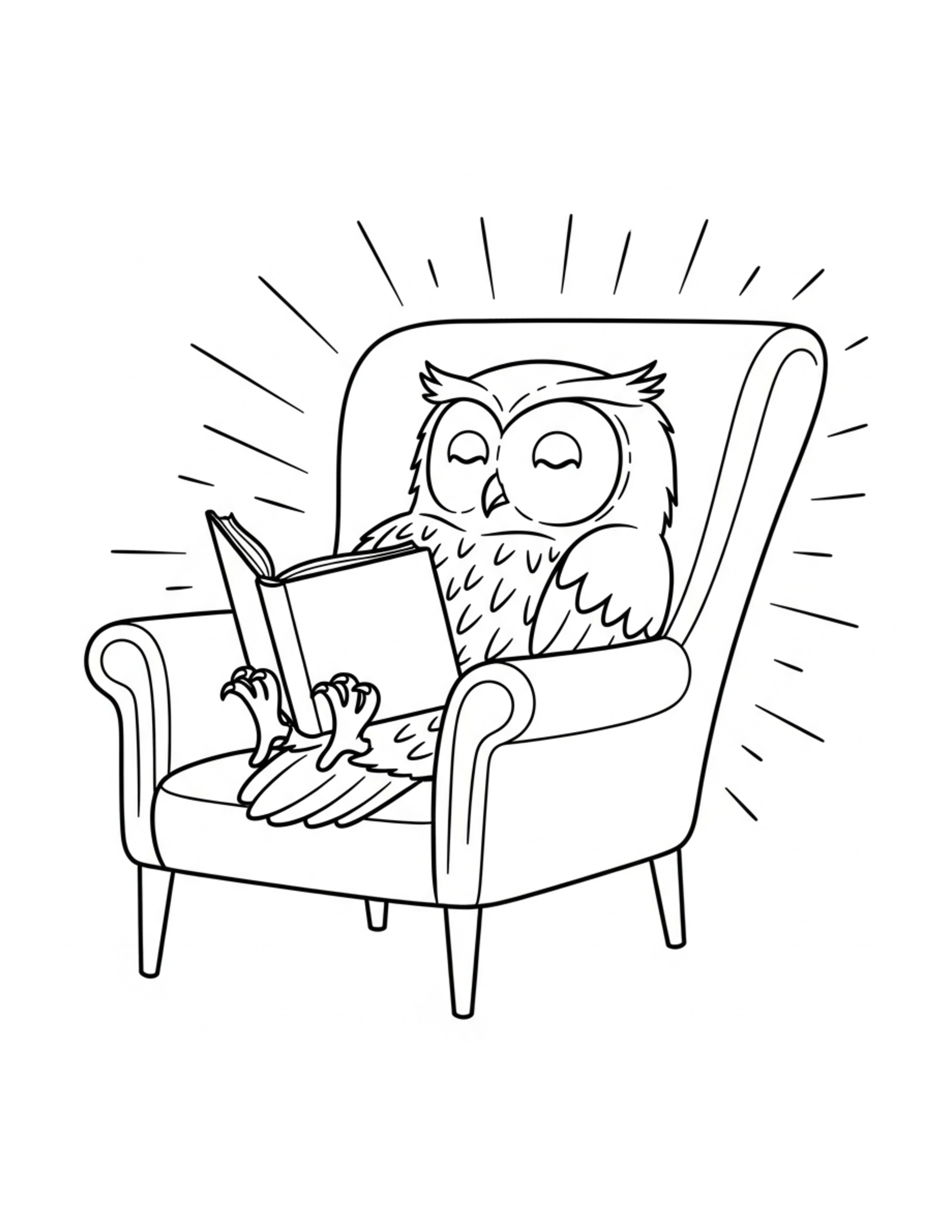 Owl Relaxing In A Reading Chai Coloring Page - free printable JPG featuring adorable owl