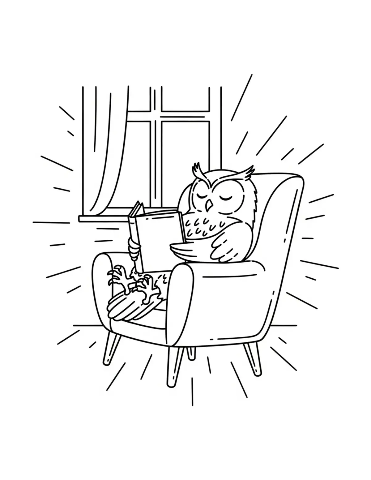 Owl Relaxing In A Reading Chai Coloring Page - free printable JPG featuring adorable owl reading scenes