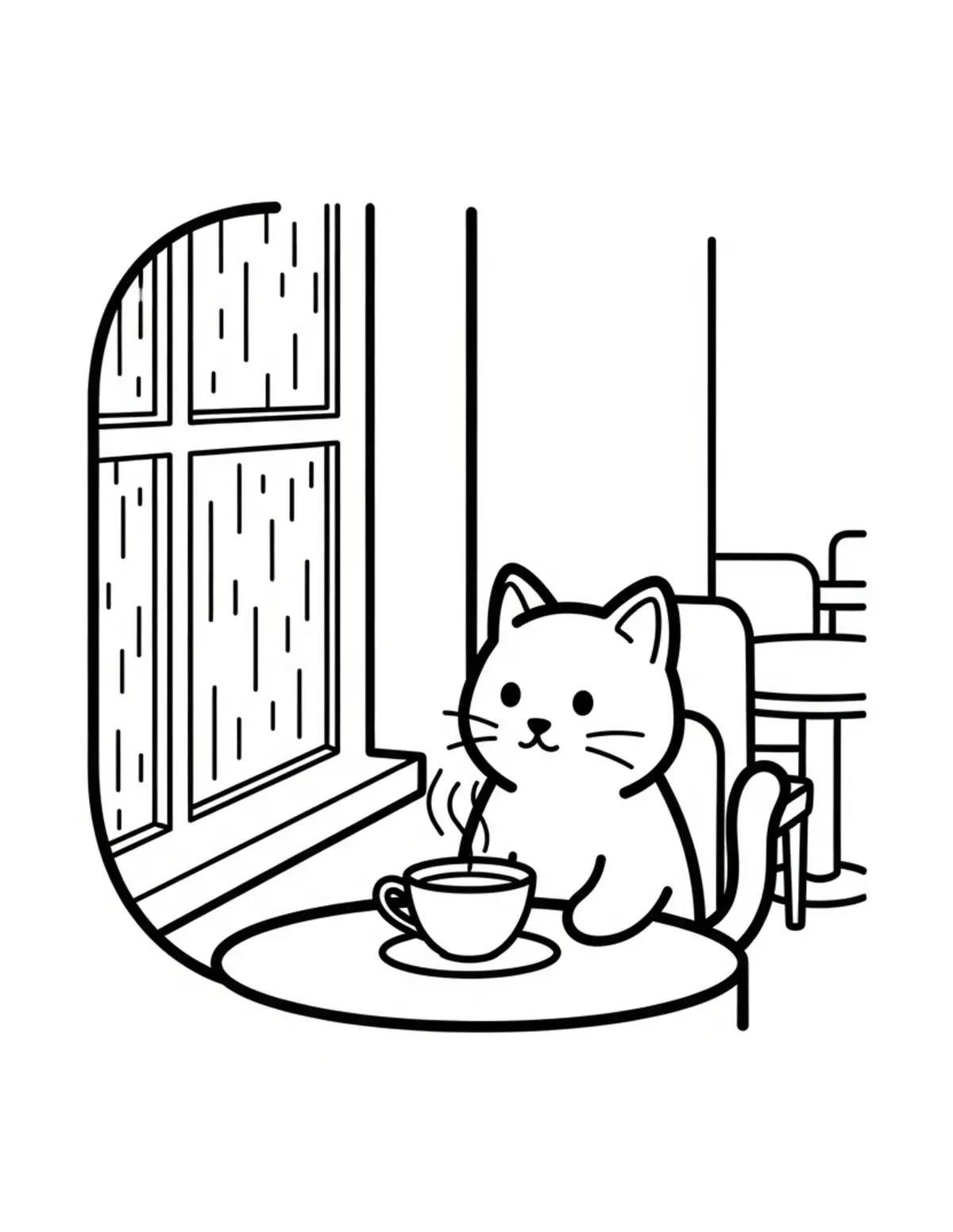 Free printable coloring page: tiny-cat-drinking-tea-in-a-rai coloring page. Cute and cozy design for kids and adults to download and print.