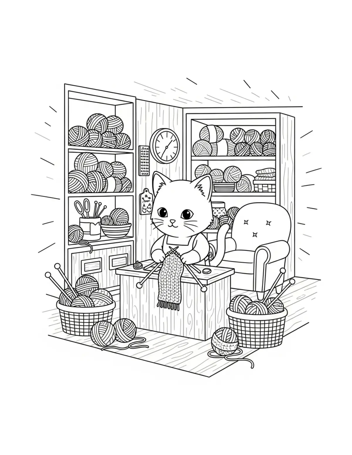 Free printable coloring page: tiny-cat-running-a-yarn-and-kn coloring page. Cute and cozy design for kids and adults to download and print.
